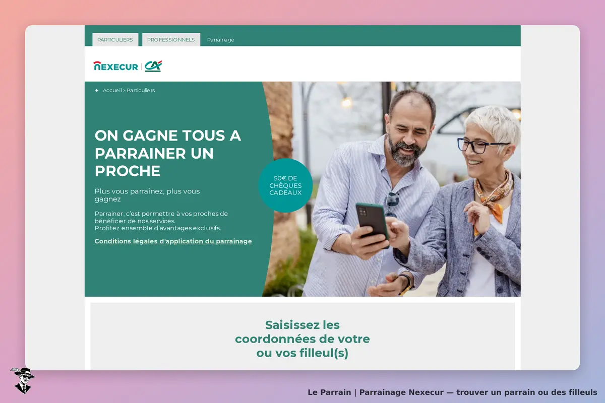 Nexecur : page d'accueil avec un couple consultant un smartphone et un texte sur le parrainage