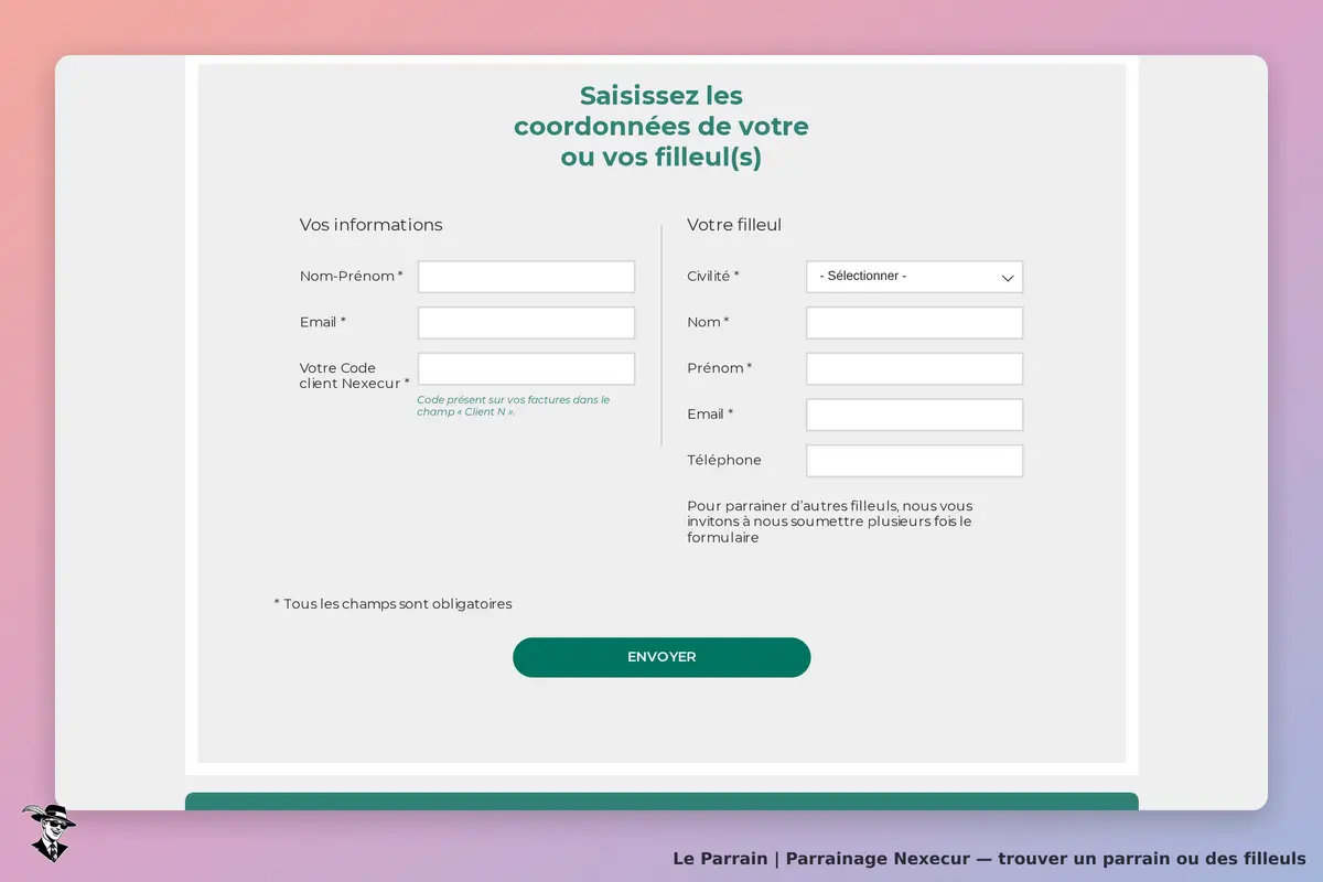 Nexecur : formulaire de parrainage avec champs pour informations personnelles et celles des