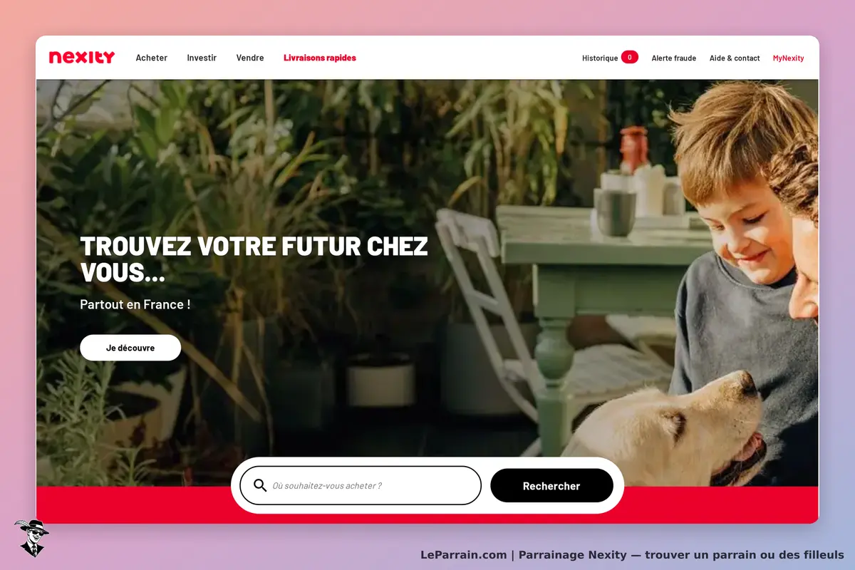 Nexity : page d'accueil avec un enfant, un chien et un formulaire de recherche en bas