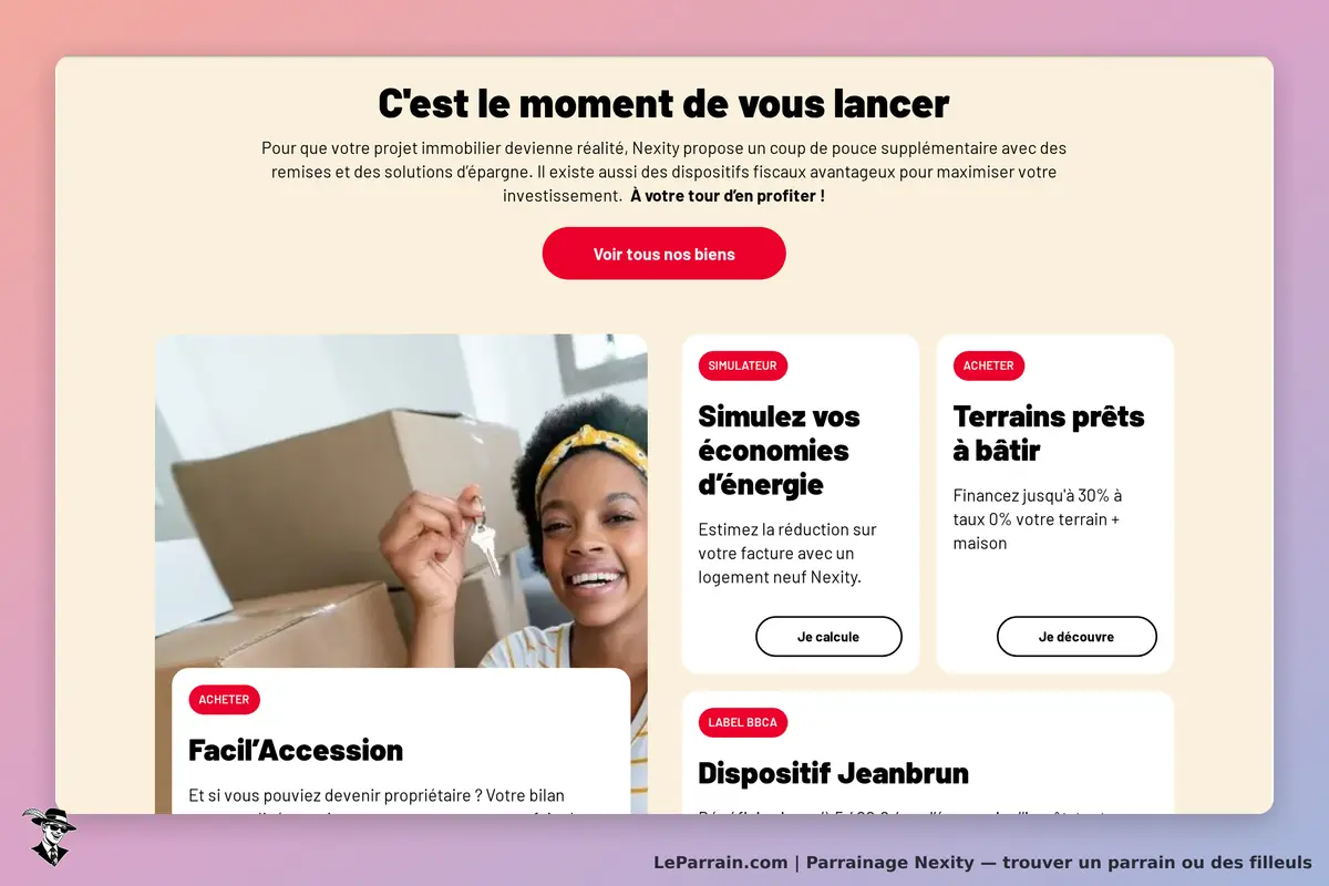 Nexity : page d'accueil présentant des solutions immobilières et un formulaire de simulation