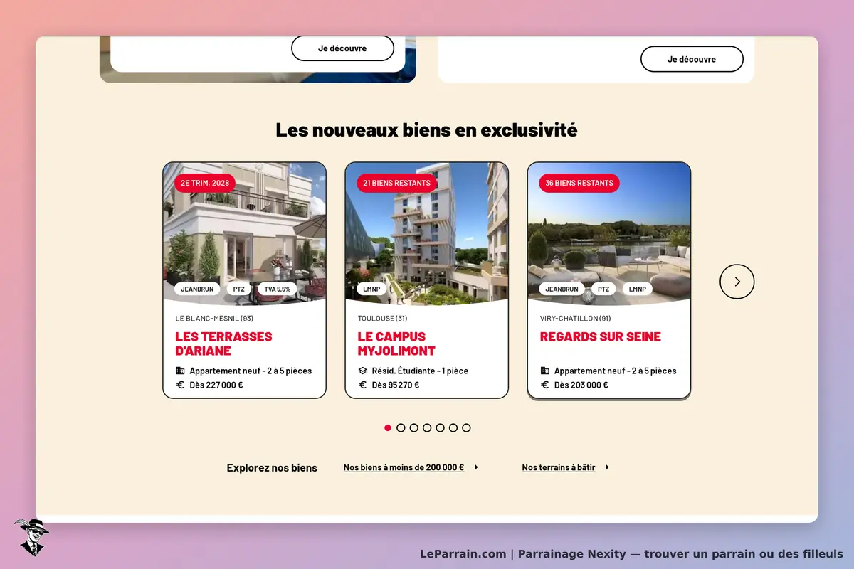 Nexity : page d'accueil présentant de nouveaux biens immobiliers en exclusivité