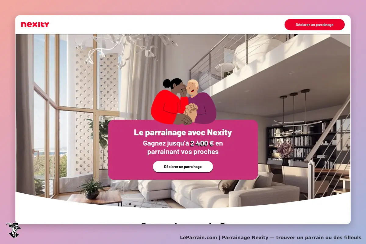 Nexity : page d'accueil avec un salon lumineux et une illustration de personnes se tenant la main