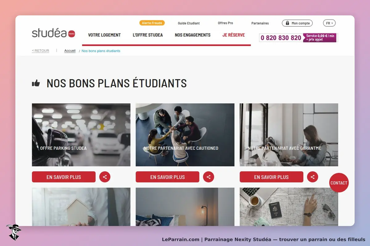 Nexity Studéa : page d'accueil avec bons plans étudiants et images de services proposés