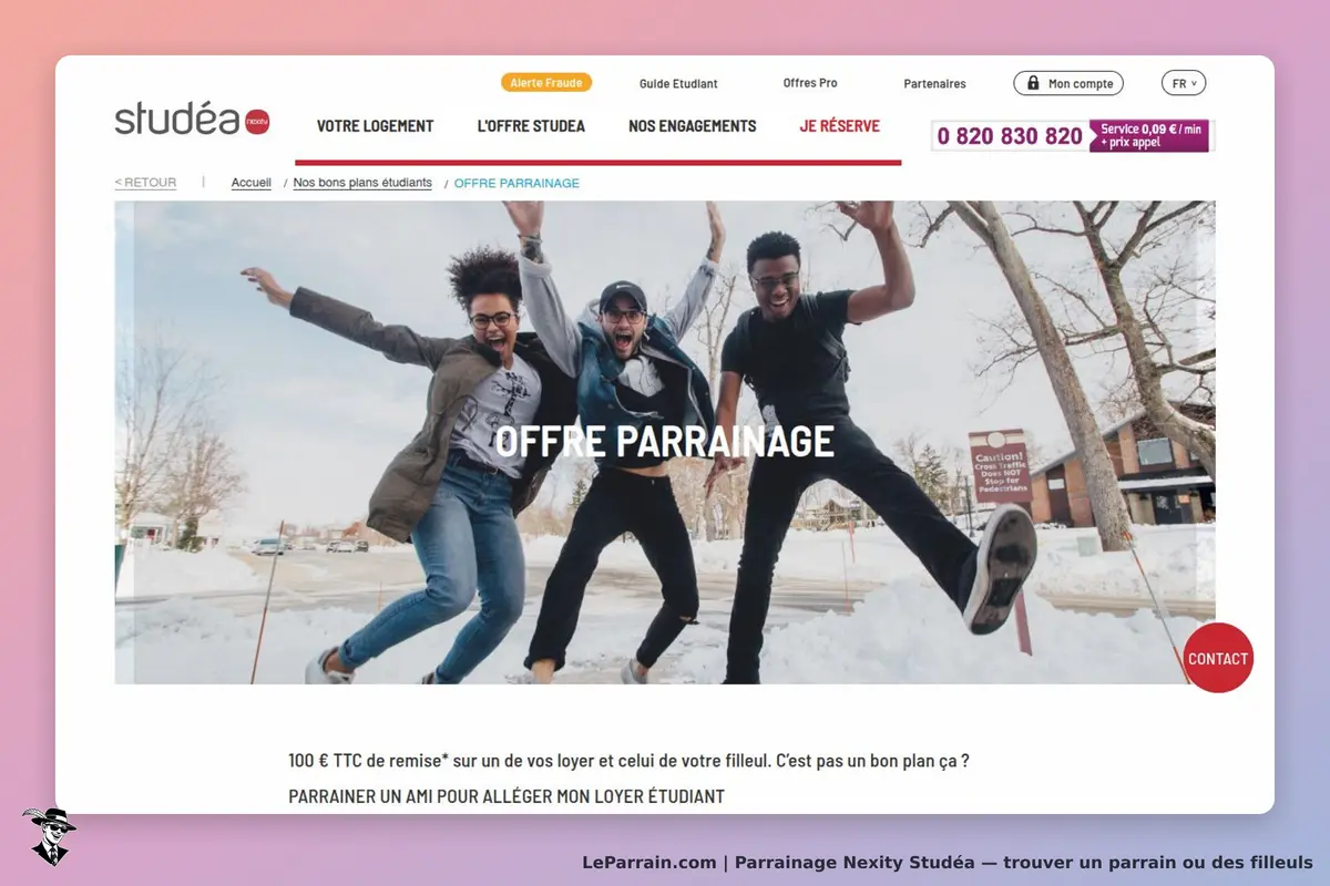 Nexity Studéa : trois jeunes sautent dans la neige, avec le titre "OFFRE PARRAINAGE" en
