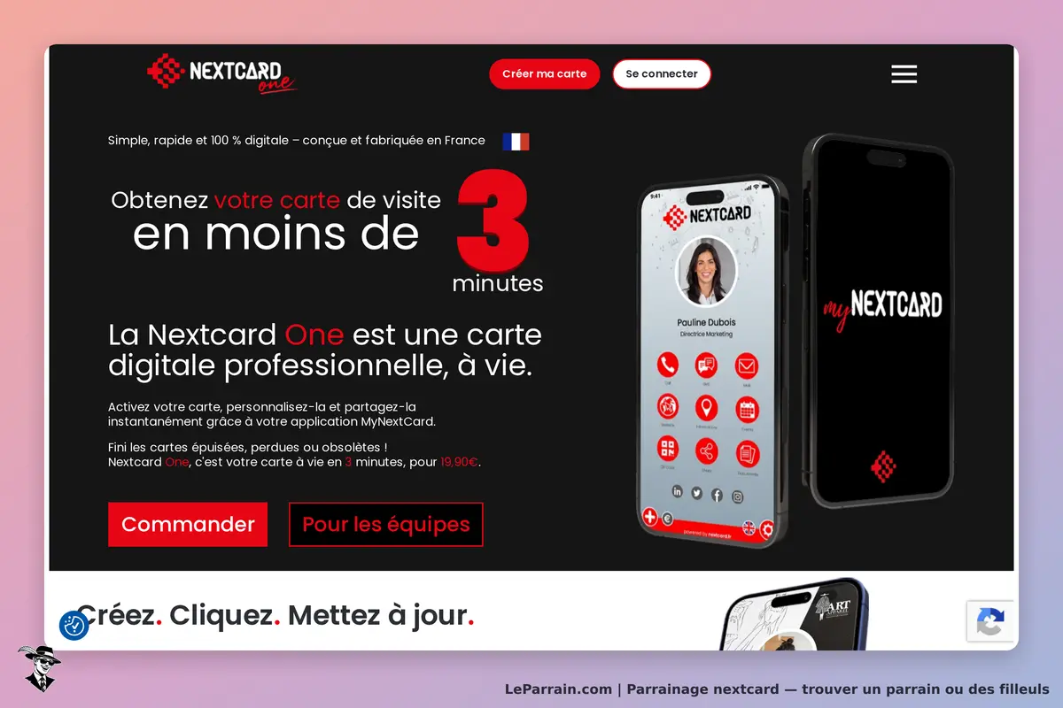 Nextcard : page d'accueil présentant la carte de visite digitale Nextcard One sur smartphone