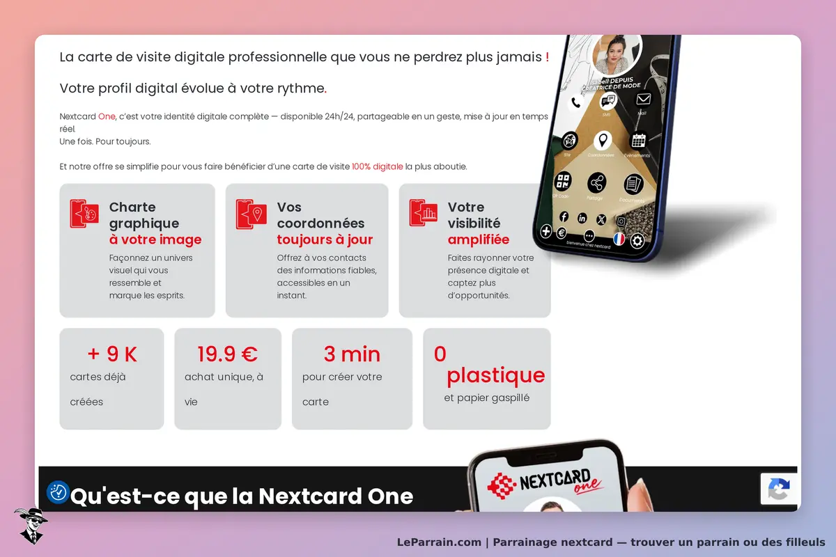 Nextcard : page d'accueil présentant une carte de visite digitale et ses fonctionnalités