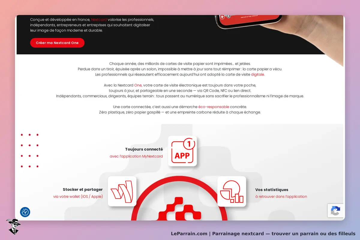 Nextcard : page d'accueil présentant la carte de visite électronique et l'application associée