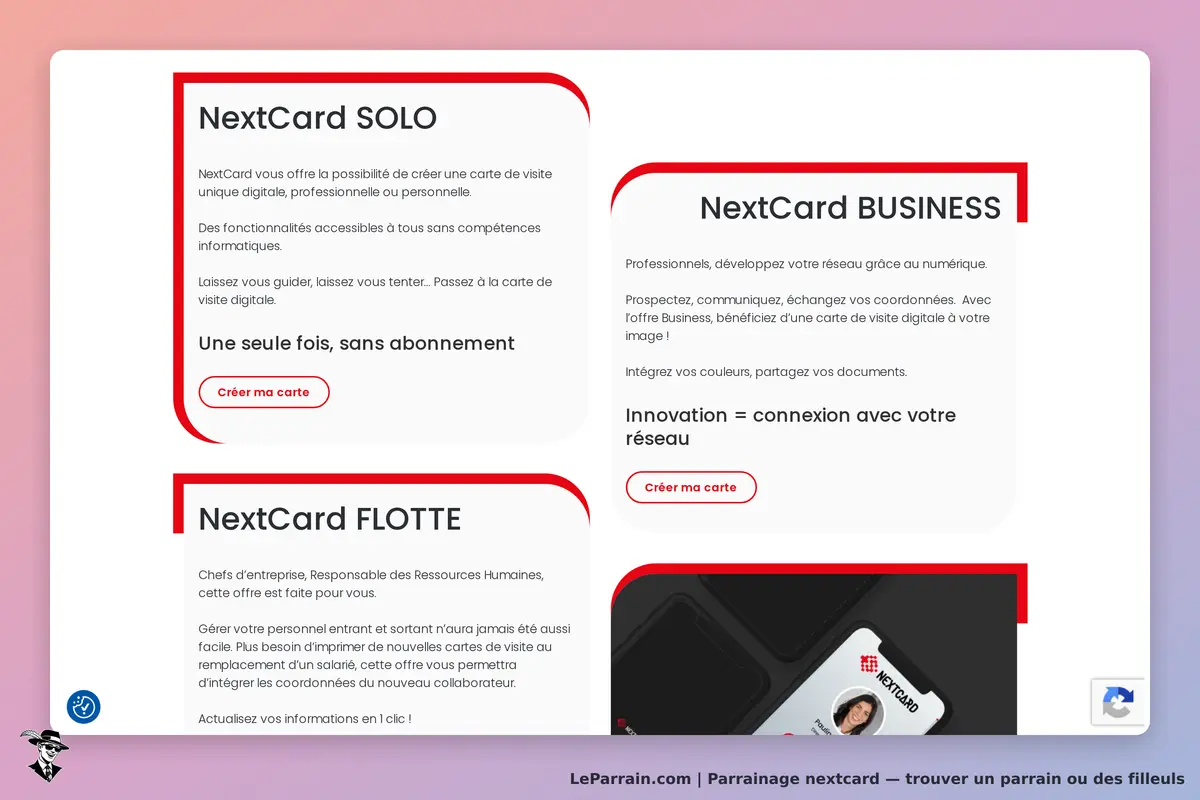 NextCard : présentation des cartes SOLO, FLOTTE et BUSINESS avec options de création