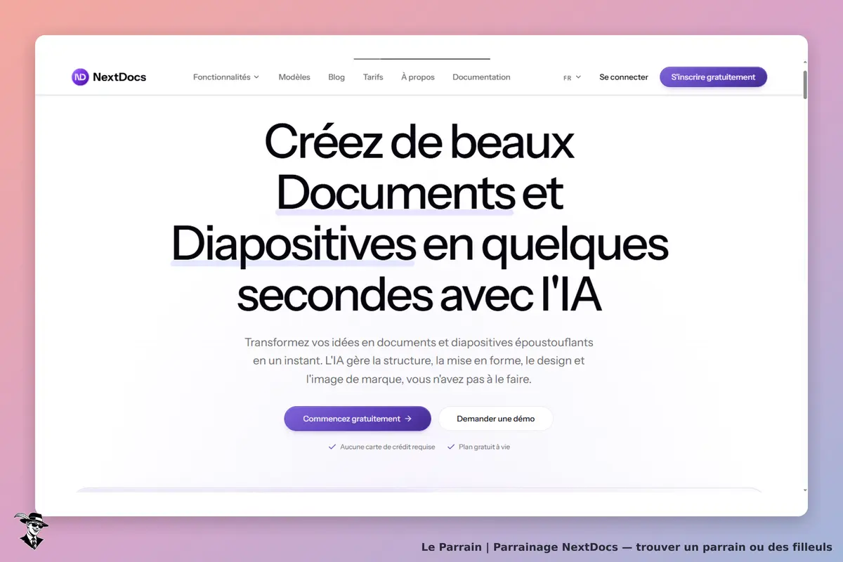 NextDocs : page d'accueil présentant la création de documents et diapositives avec l'IA
