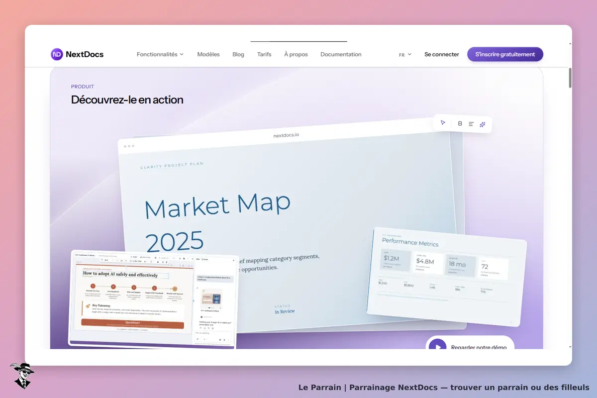 NextDocs : page d'accueil présentant des exemples de produits et métriques de performance