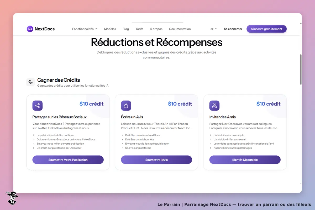 NextDocs : page sur les réductions et récompenses avec trois options pour gagner des crédits