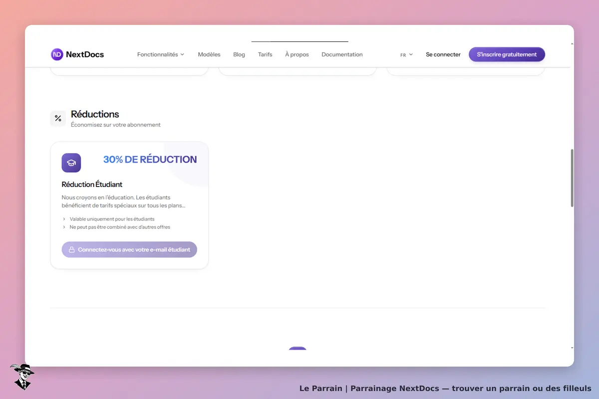 NextDocs : page d'accueil avec une section sur les réductions pour étudiants