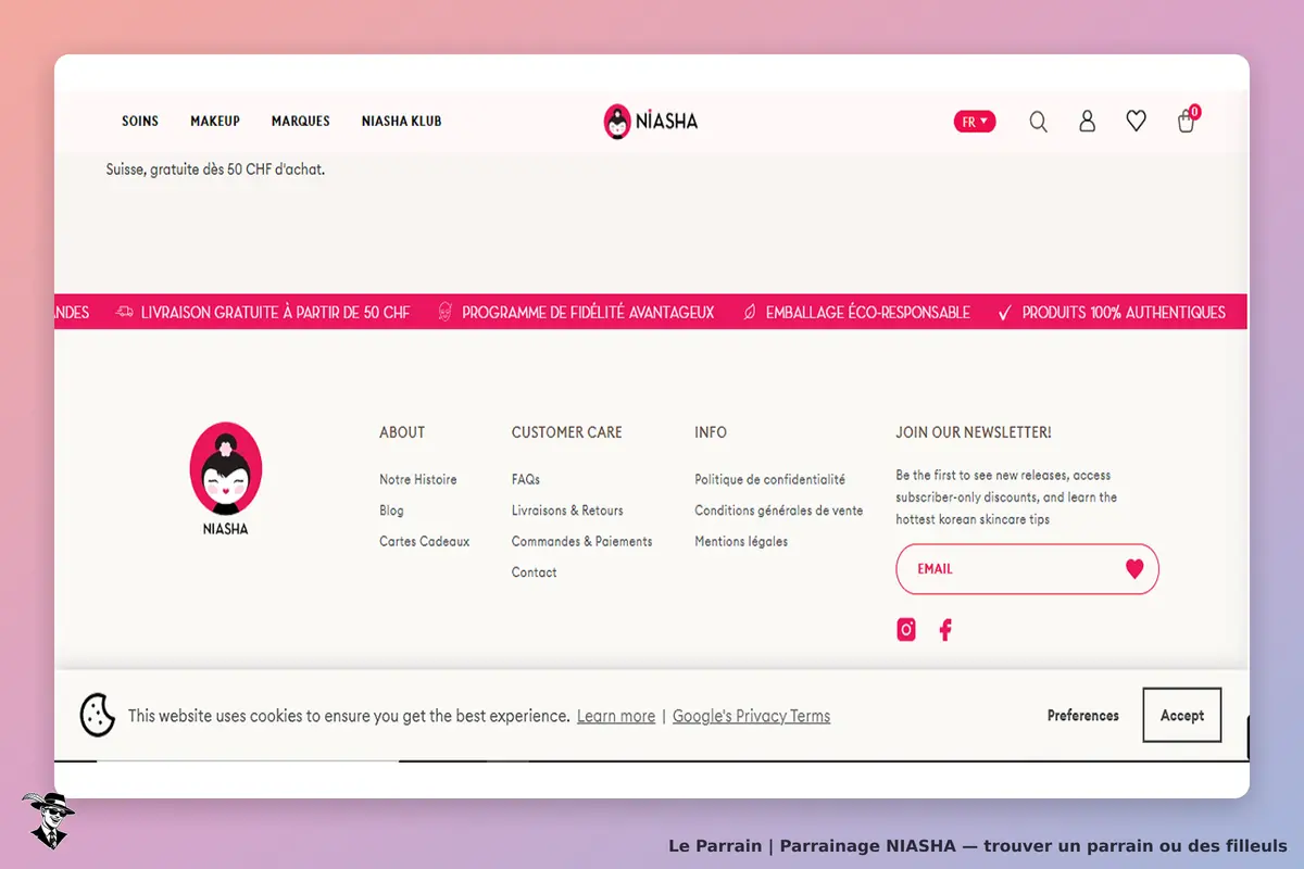 NIASHA : page d'accueil avec menu, informations sur la livraison et inscription à la newsletter