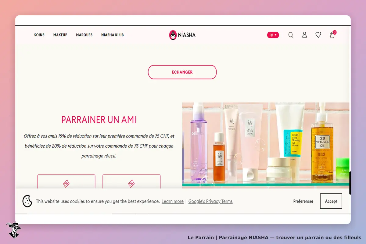 NIASHA : page d'accueil avec produits de soin et option de parrainage pour amis