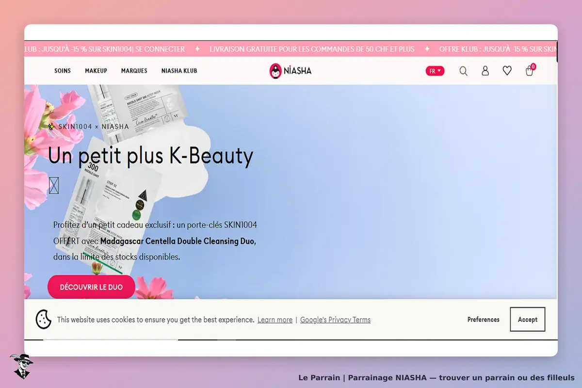 NIASHA : page d'accueil avec un produit de beauté et un bouton "Découvrir le Duo"