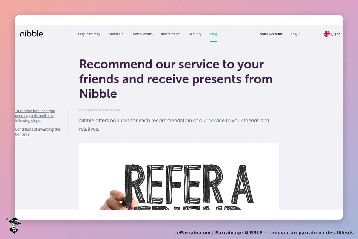 Nibble : page d'accueil avec texte sur le parrainage et une illustration de "REFER A FRIEND"