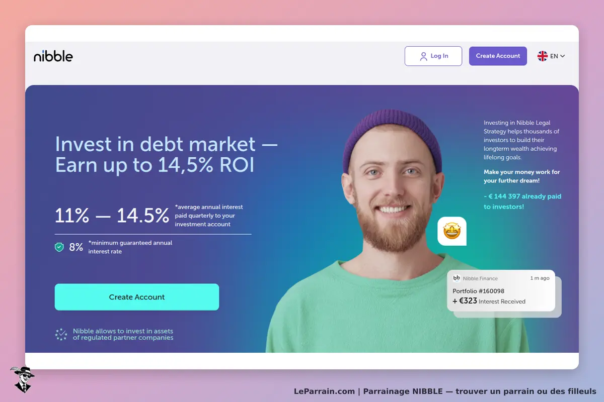 nibble : page d'accueil avec un homme souriant, informations sur l'investissement et bouton créer