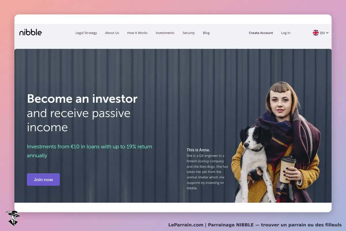 nibble : page d'accueil avec un message d'invitation à devenir investisseur et une image d'une