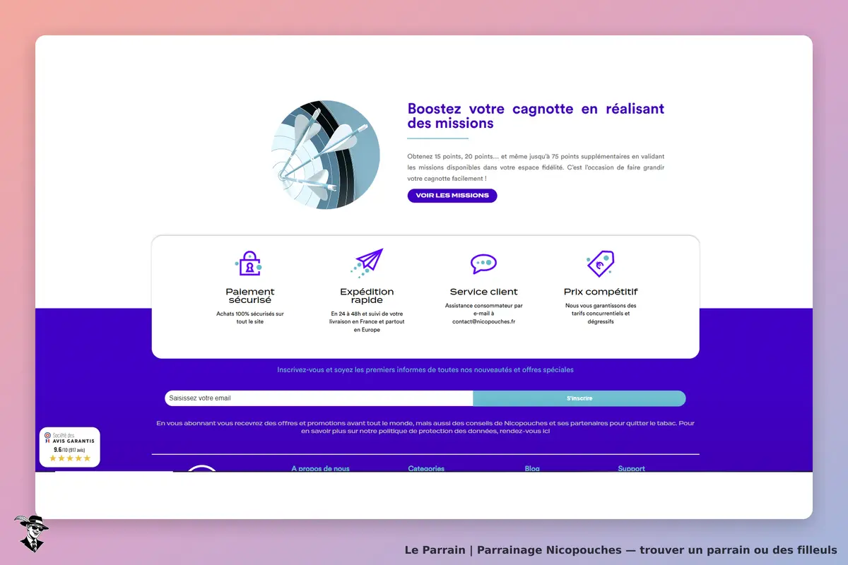 Nicopouches : page d'accueil avec informations sur les services et inscription à la newsletter