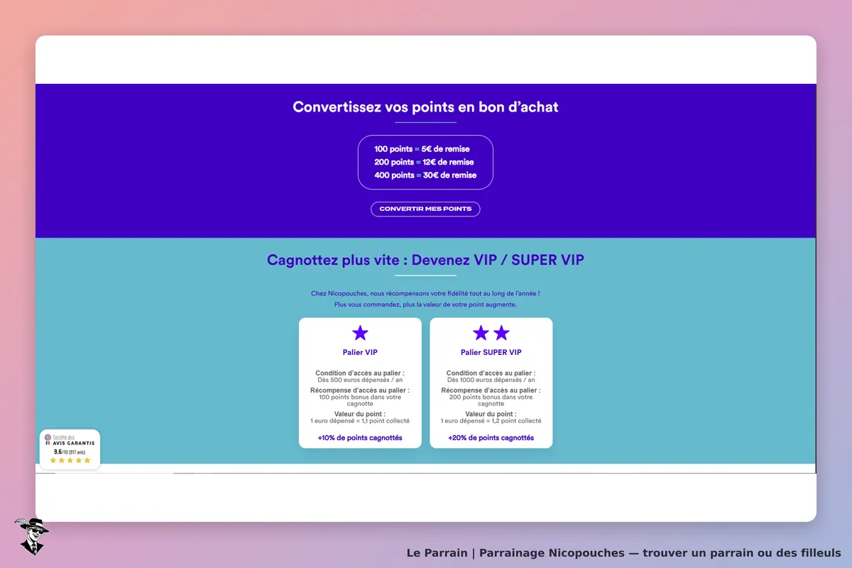 Nicopouches : page d'accueil avec options de conversion de points et niveaux VIP affichés