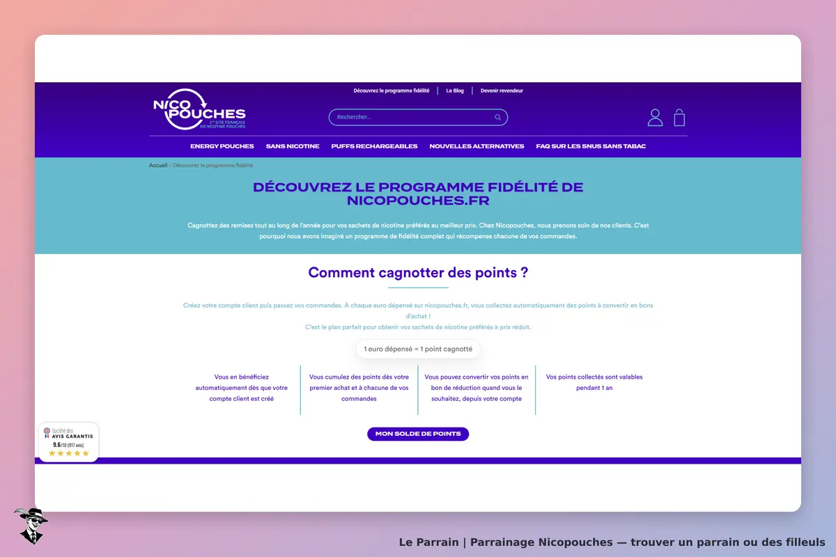 Nicopouches : page d'accueil présentant le programme de fidélité et comment gagner des points