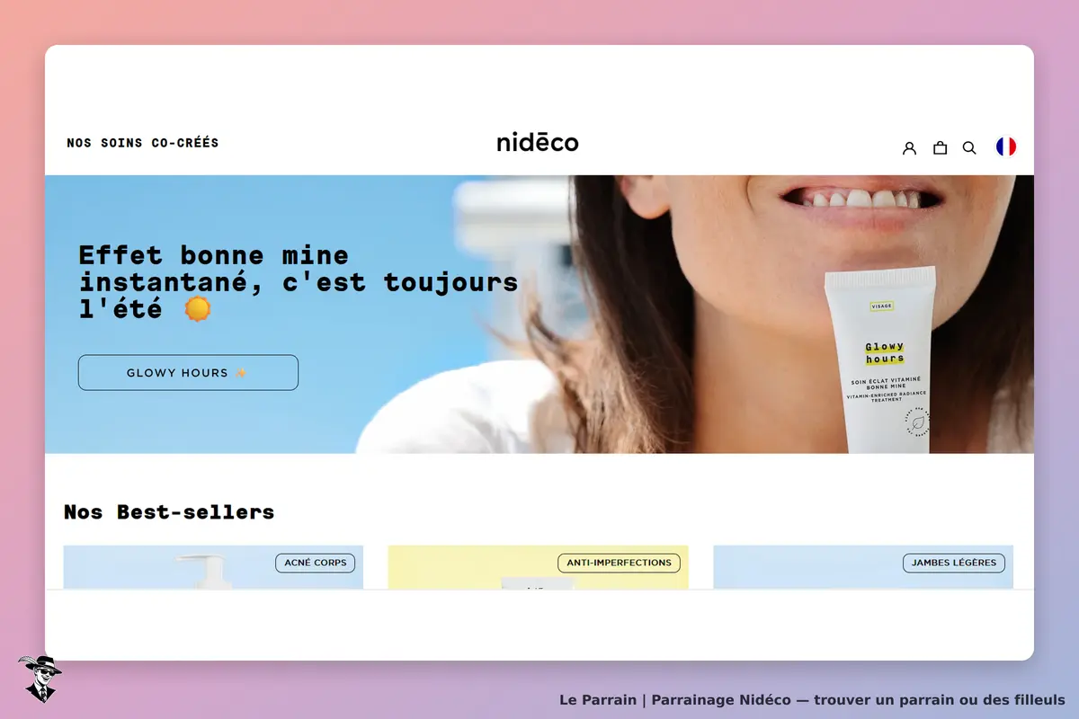 Nidéco : page d'accueil présentant un produit de soin et des catégories de best-sellers