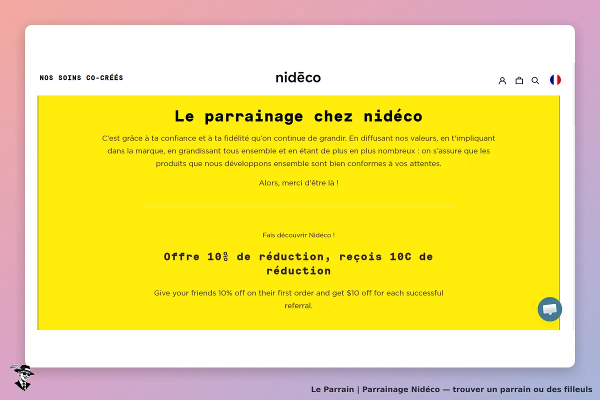 Nidéco : page d'accueil présentant le programme de parrainage et un message d'engagement