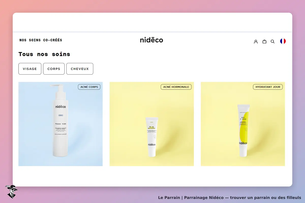 Nidéco : page d'accueil avec trois produits de soins pour la peau sur fond coloré