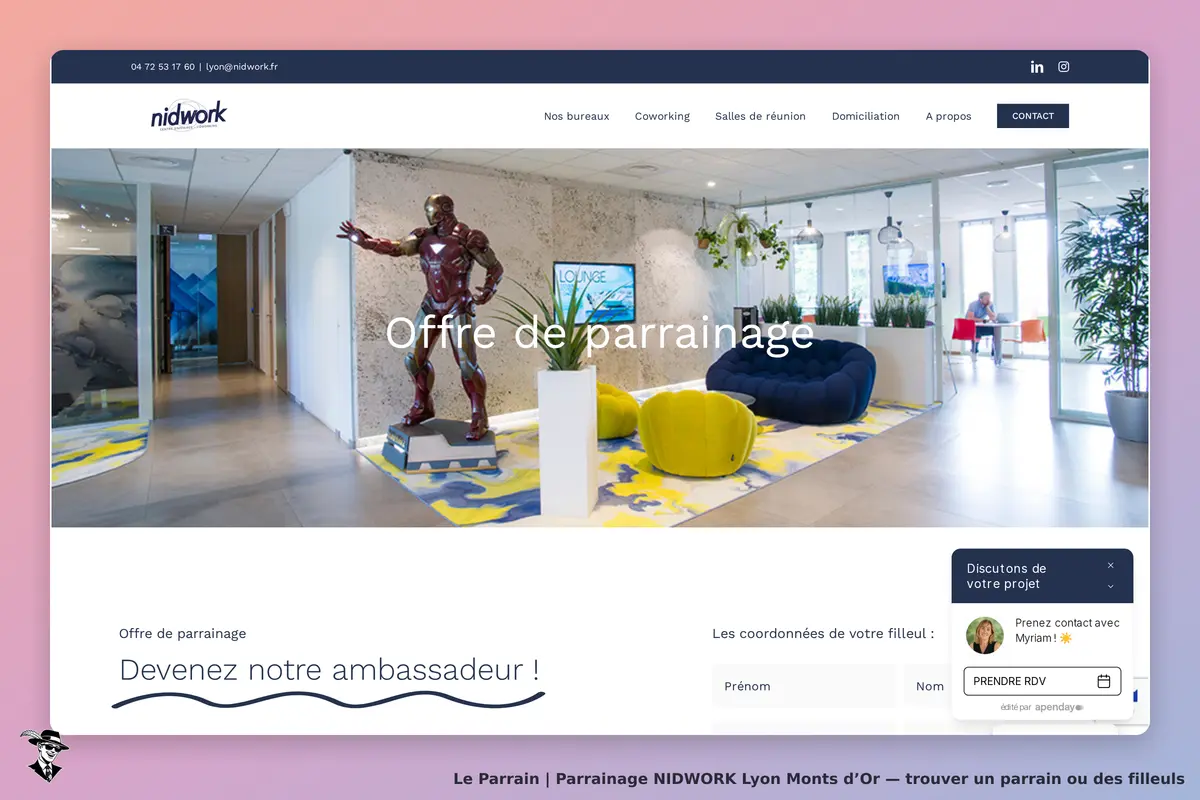 NIDWORK Lyon Monts d’Or : nidwork : page d'accueil avec un espace de coworking et un robot en métal