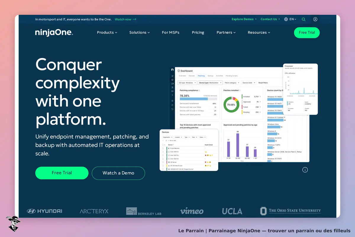 ninjaOne : page d'accueil avec tableau de bord et options de gestion des appareils informatiques