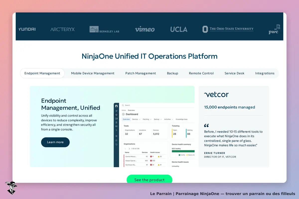 NinjaOne : page d'accueil présentant la plateforme de gestion IT et un tableau de bord