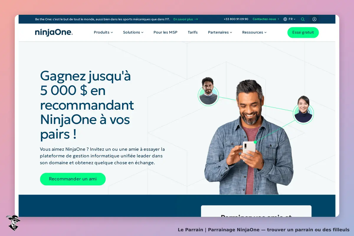 ninjaOne : page d'accueil avec un homme souriant utilisant son téléphone et des visages connectés