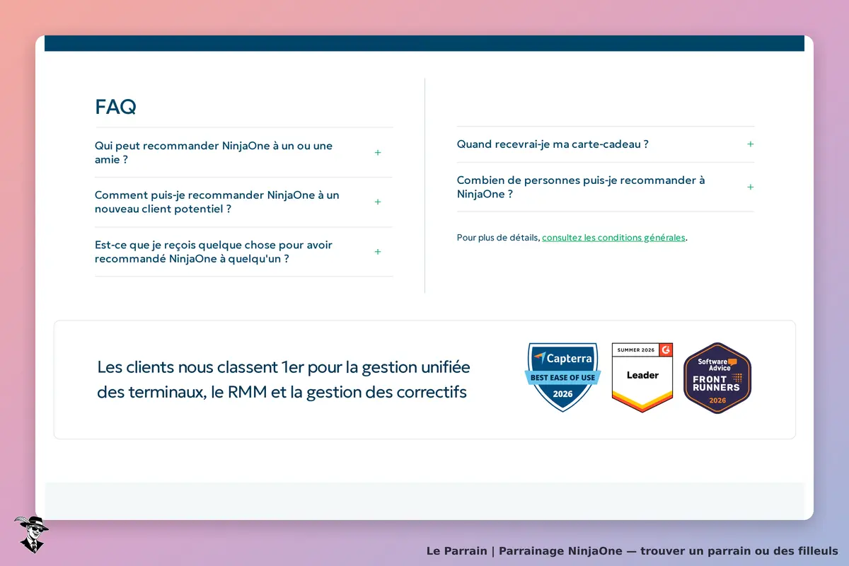 NinjaOne : section FAQ avec questions sur le parrainage et badges de reconnaissance