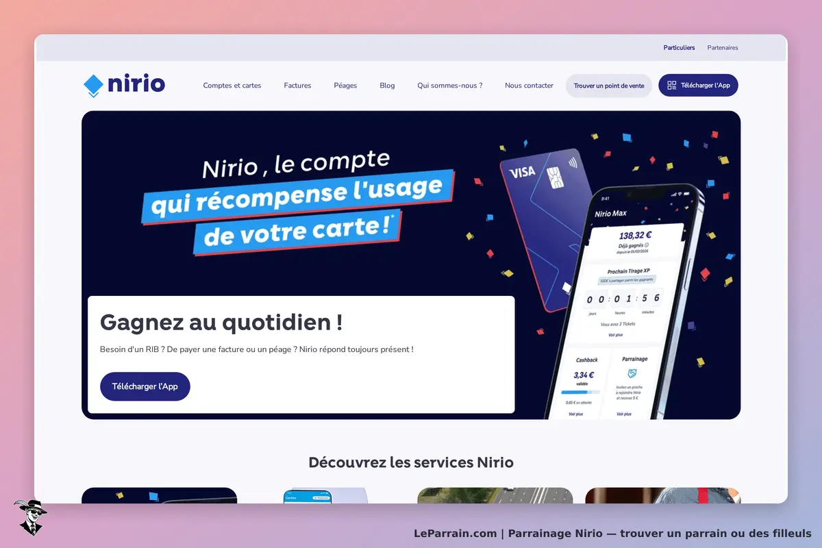 Nirio : page d'accueil avec une carte Visa et une application mobile affichant des gains