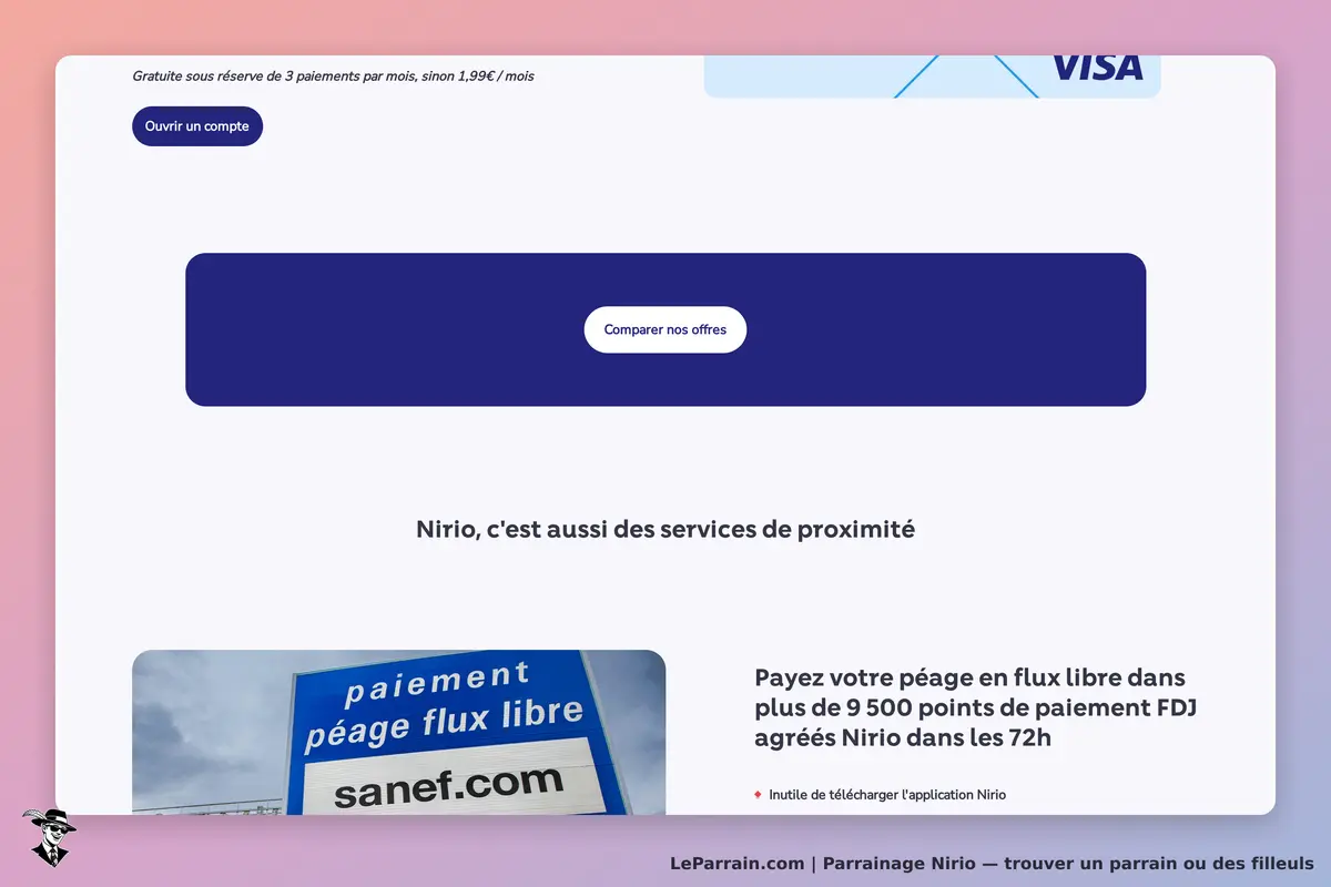 Nirio : page d'accueil avec options d'ouverture de compte et de comparaison des offres