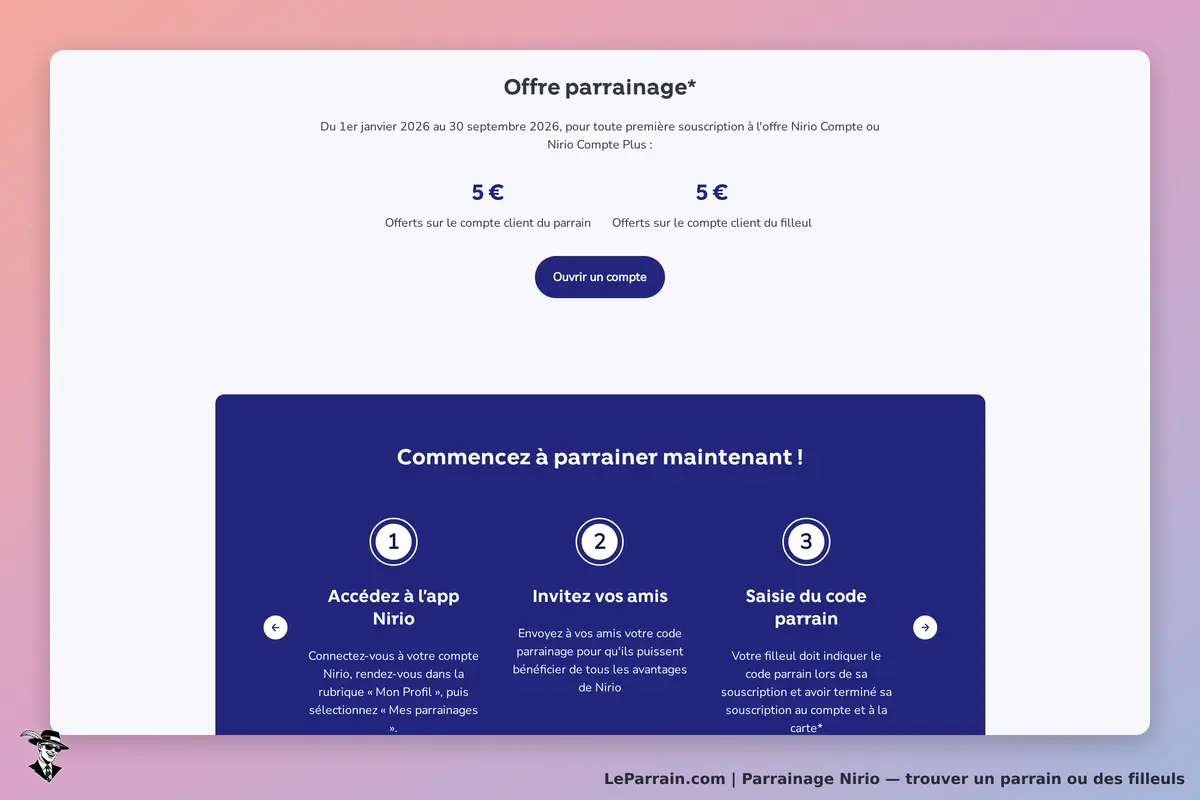 Nirio : section sur le parrainage avec instructions et bouton pour ouvrir un compte