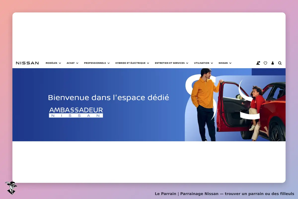 NISSAN : page d'accueil avec un message de bienvenue et une image d'un homme et d'un enfant