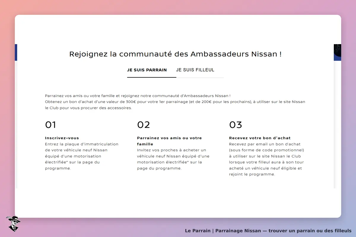 Nissan : page d'accueil sur le parrainage avec étapes et boutons d'inscription