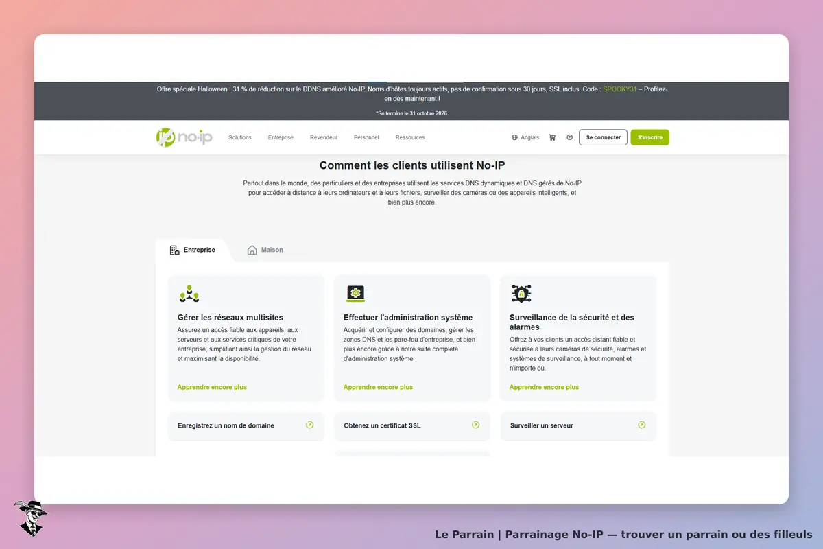No-IP : page d'accueil avec services et fonctionnalités pour la gestion des réseaux et sécurité