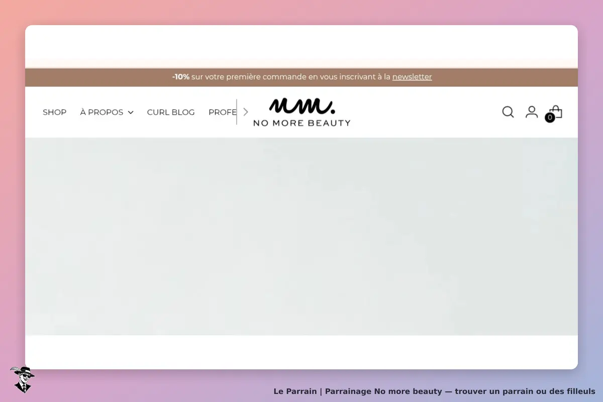 No more beauty : page d'accueil avec menu et logo en haut, fond clair et texte promotionnel