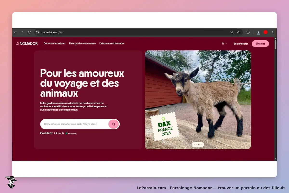 Nomador : page d'accueil avec texte sur le voyage et une chèvre devant une maison