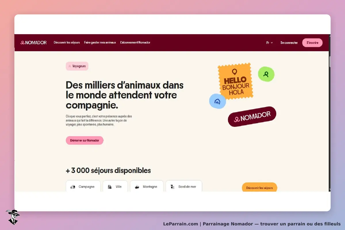 Nomador : page d'accueil avec texte sur les animaux et options de séjour disponibles