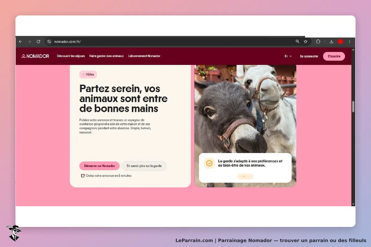 Nomador : page d'accueil avec un message et des photos de deux animaux de compagnie