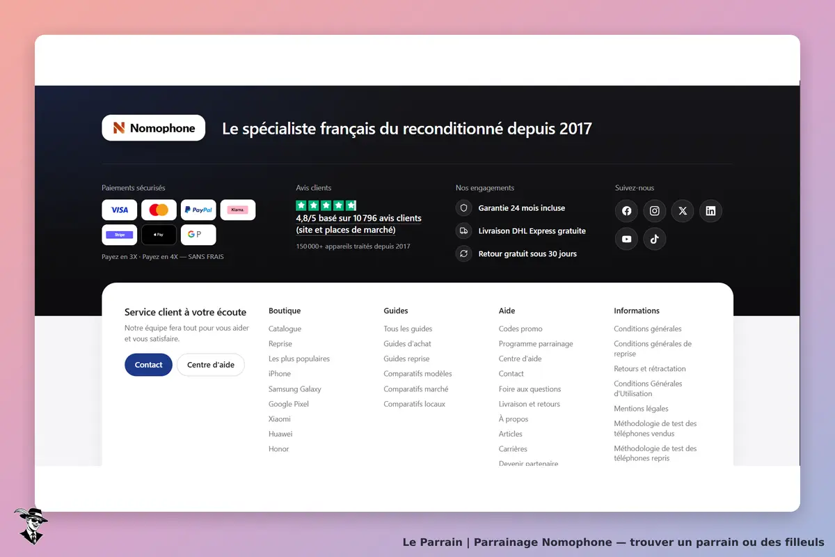 Nomophone : page d'accueil avec informations sur les services et avis clients