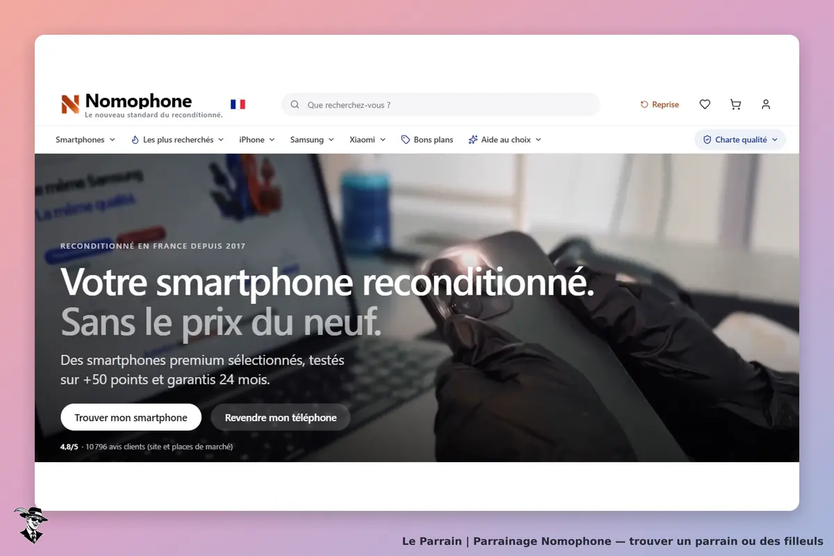 Nomophone : page d'accueil avec un smartphone en cours d'inspection et des textes explicatifs