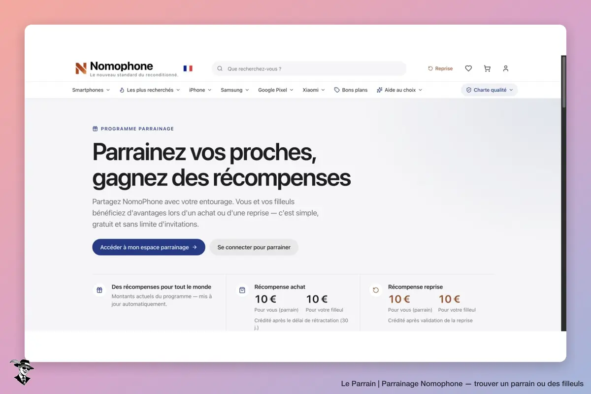 Nomophone : programme officiel de parrainage, récompenses de 10 € pour un achat ou une reprise
