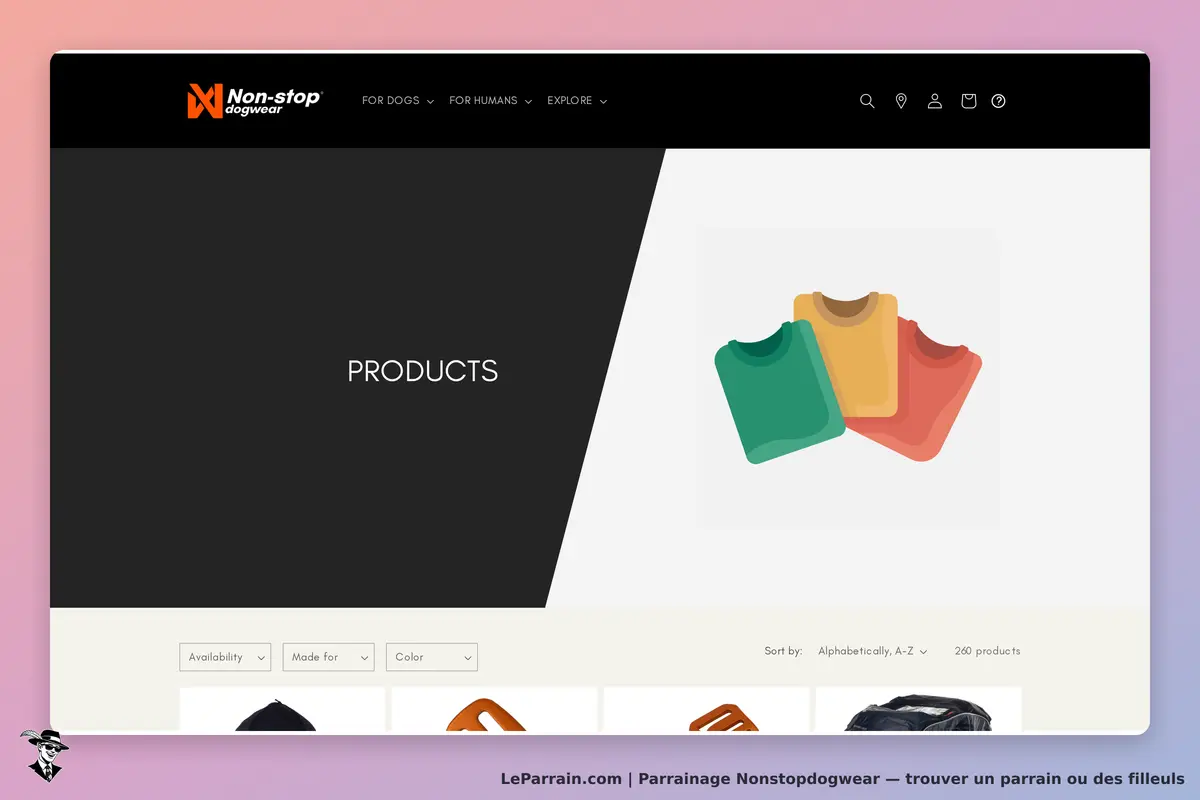 Nonstopdogwear : non-stop dogwear : page de produits avec trois t-shirts colorés et options de tri