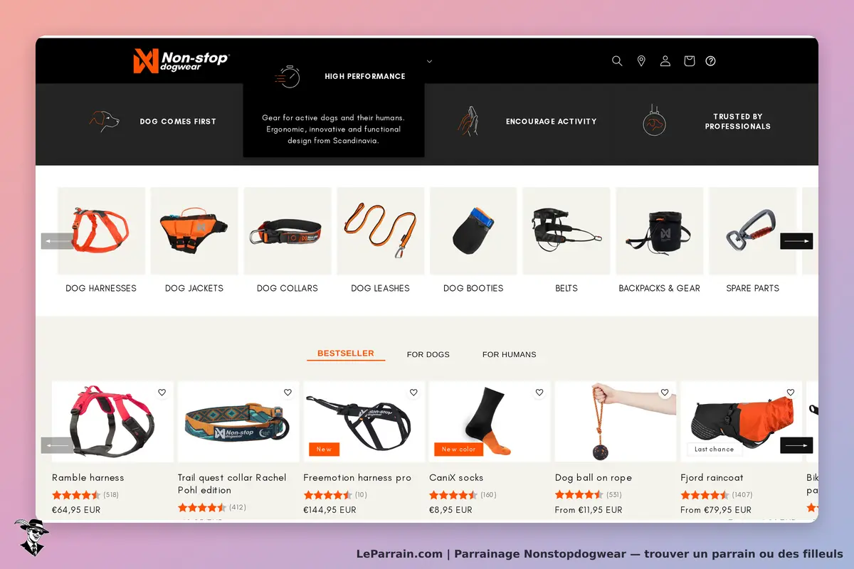 Nonstopdogwear : page d'accueil présentant des harnais, colliers et accessoires pour chiens