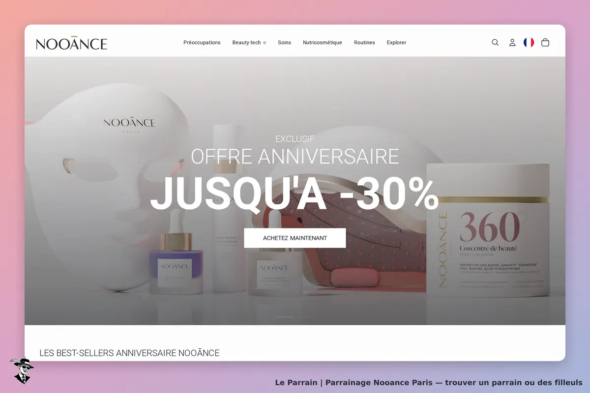 Nooance Paris : nooance : page d'accueil présentant des produits de beauté et une offre
