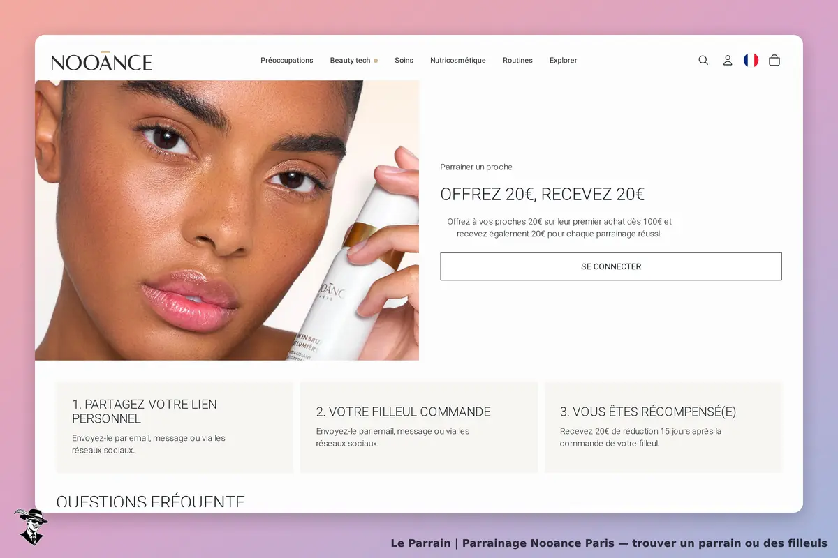 Nooance Paris : nooance : page d'accueil avec un produit et un formulaire de parrainage visible